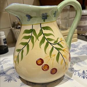 Floral Ceramic Pitcher with Green and Red Accents